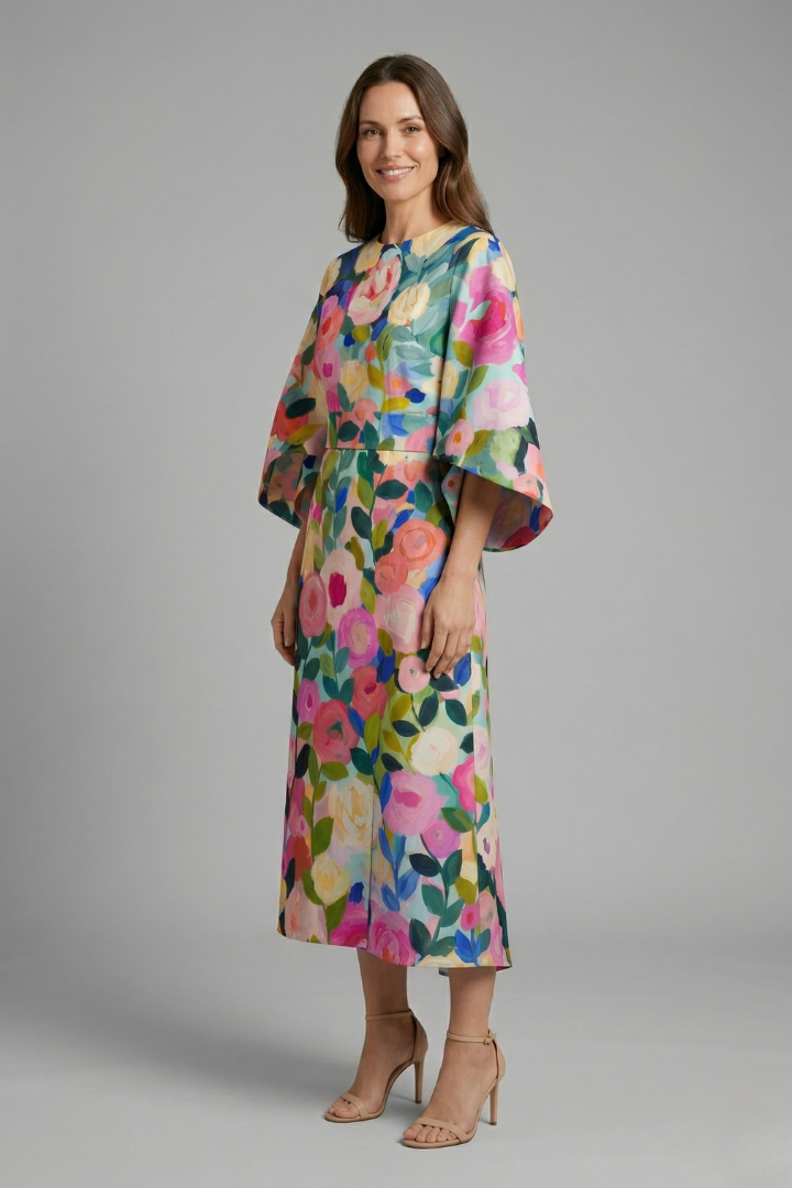 Female model posing in patterned midi dress on plain gray background.