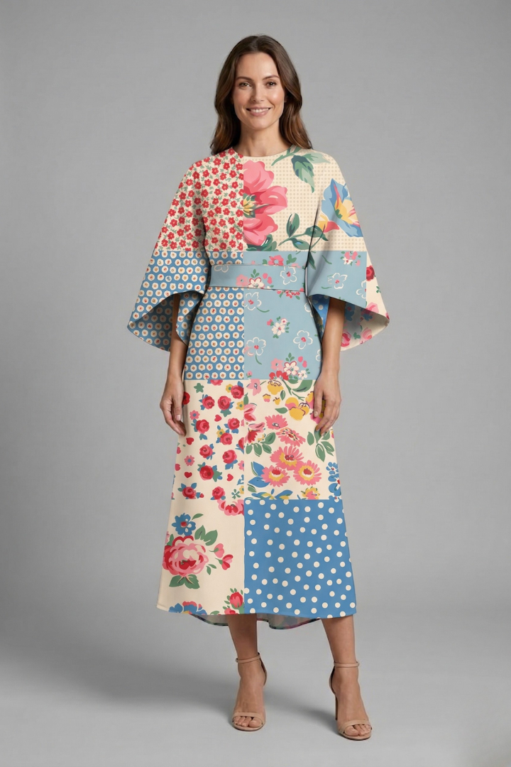 Female model front angle in abstract patterned dress, gray background.