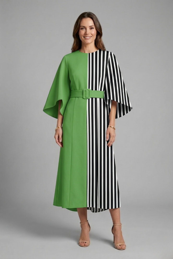 Female model in modest midi dress with textured finish, gray.