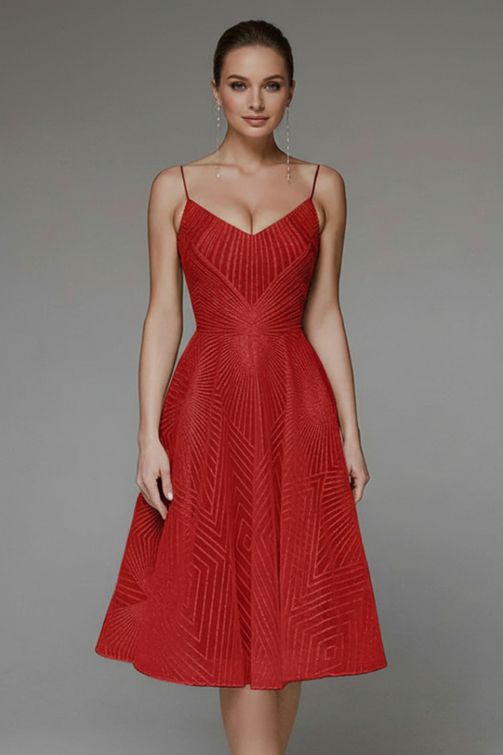 Front angle of knee-length red dress with thin straps