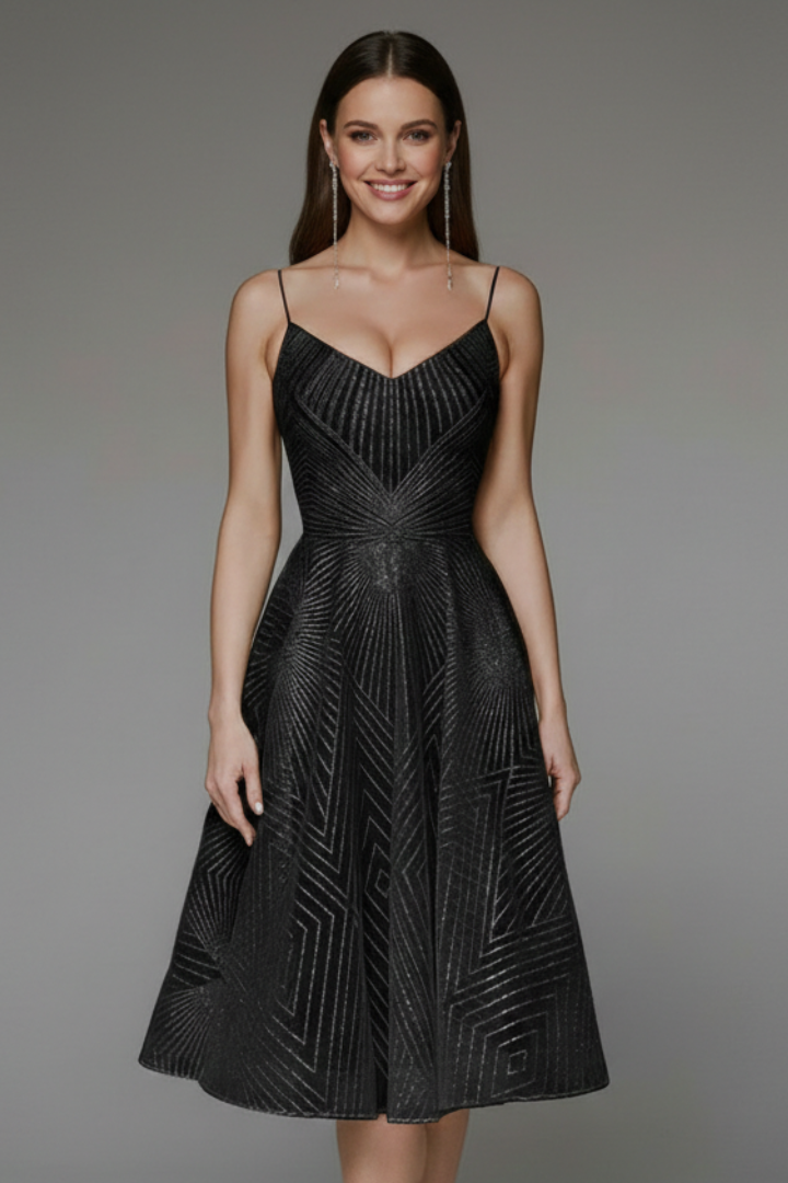 Sophisticated woman with earring smiling wearing in midi dress hemline and skirt shape close-up view
