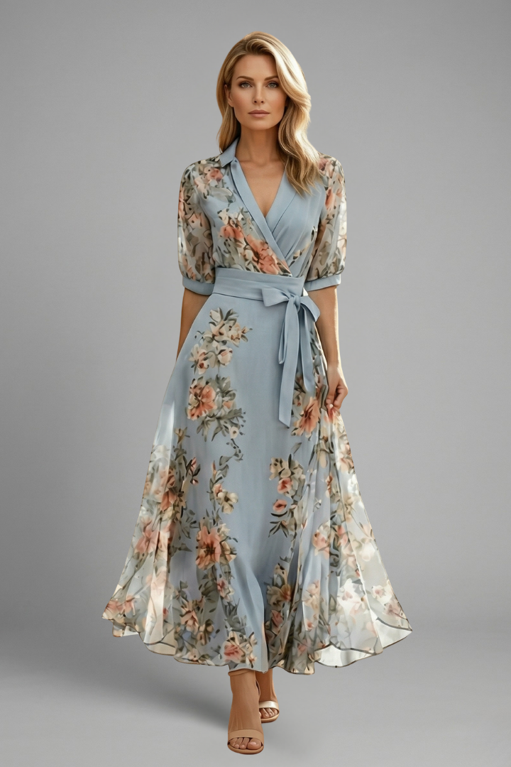 Woman wearing a floral midi dress on a plain gray background.