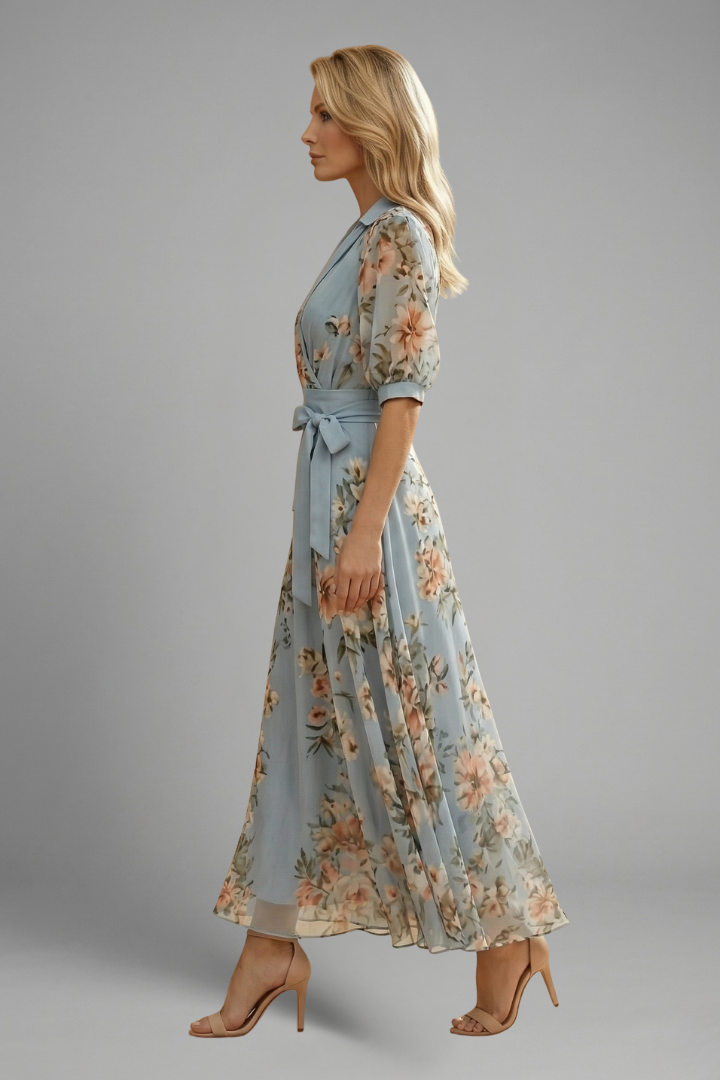 Woman showing side angle of a V-neck midi dress.