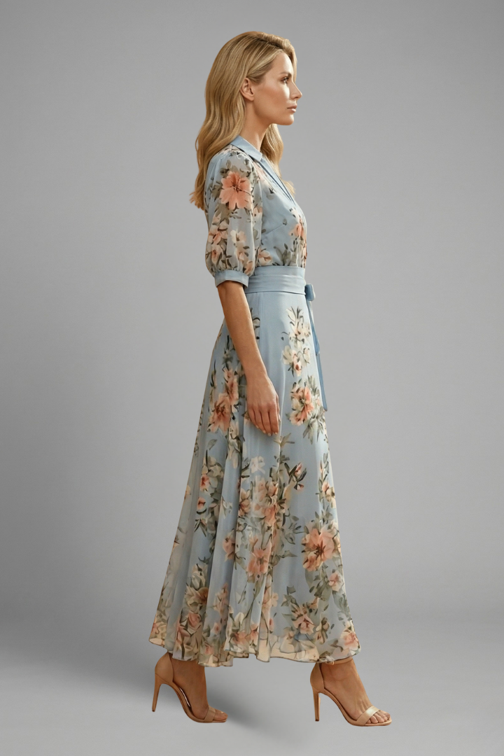 Female model posing front view in a printed midi dress.