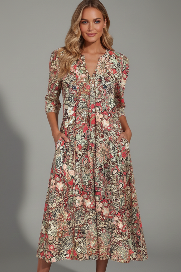 Woman displaying three-quarter sleeve printed dress on plain gray background.