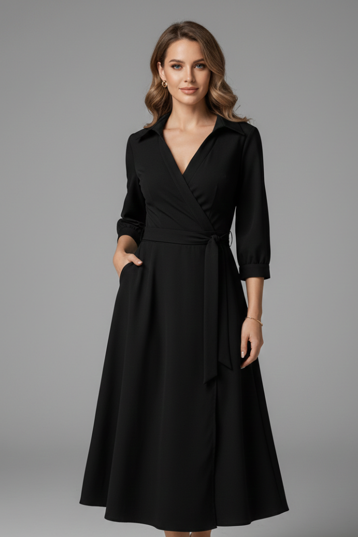 Woman wearing long sleeve midi dress on plain gray background.