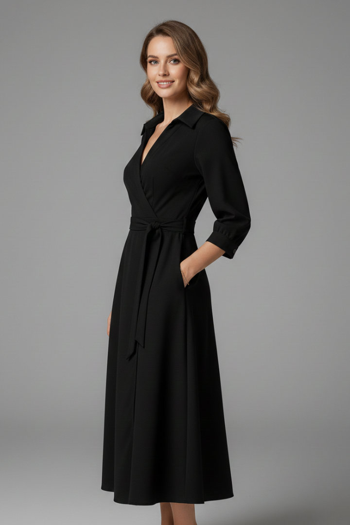 Female model posing front view in elegant wrap style dress.