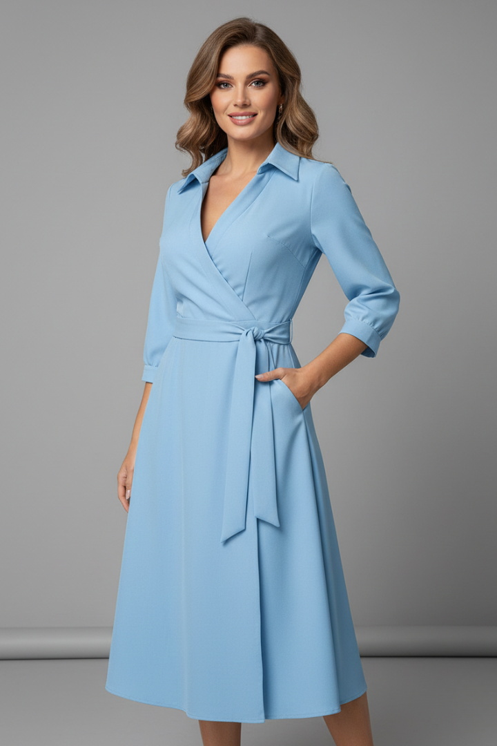 Woman standing gracefully in belted midi dress with front slit.
