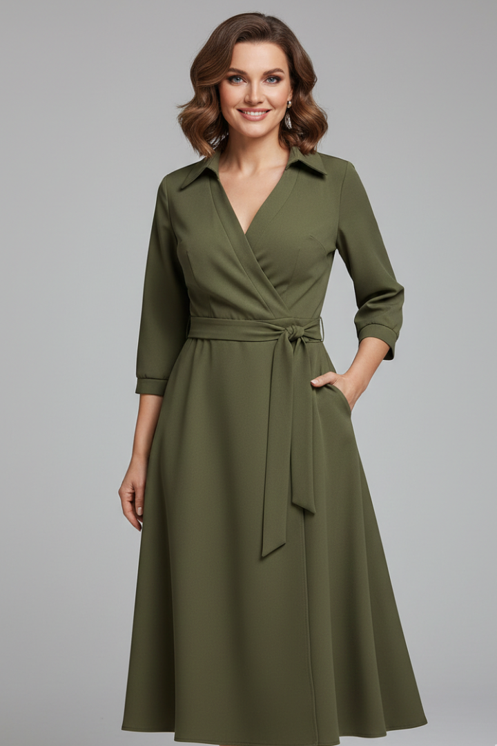 Female model posing full length on plain gray studio background.