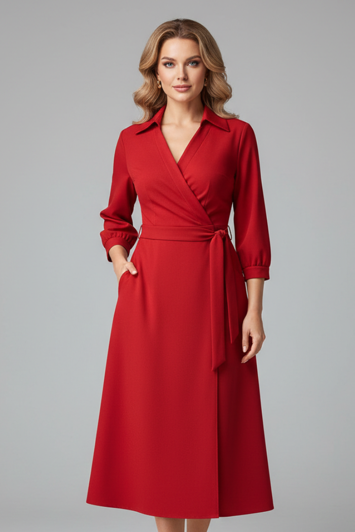 Woman wearing elegant dress with tied waist and lapel collar.