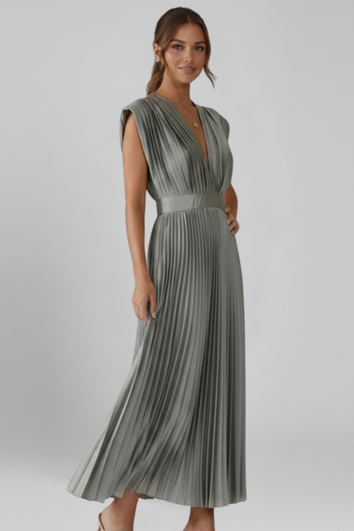 Sleeveless V-neck dress side displayed on gray background