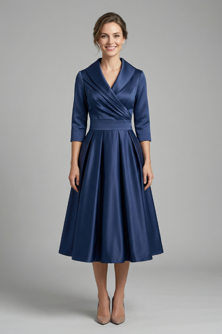 Female model wearing a refined midi dress against a plain background.