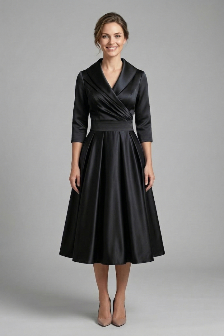 Female model showcasing a polished occasion dress on a plain background.