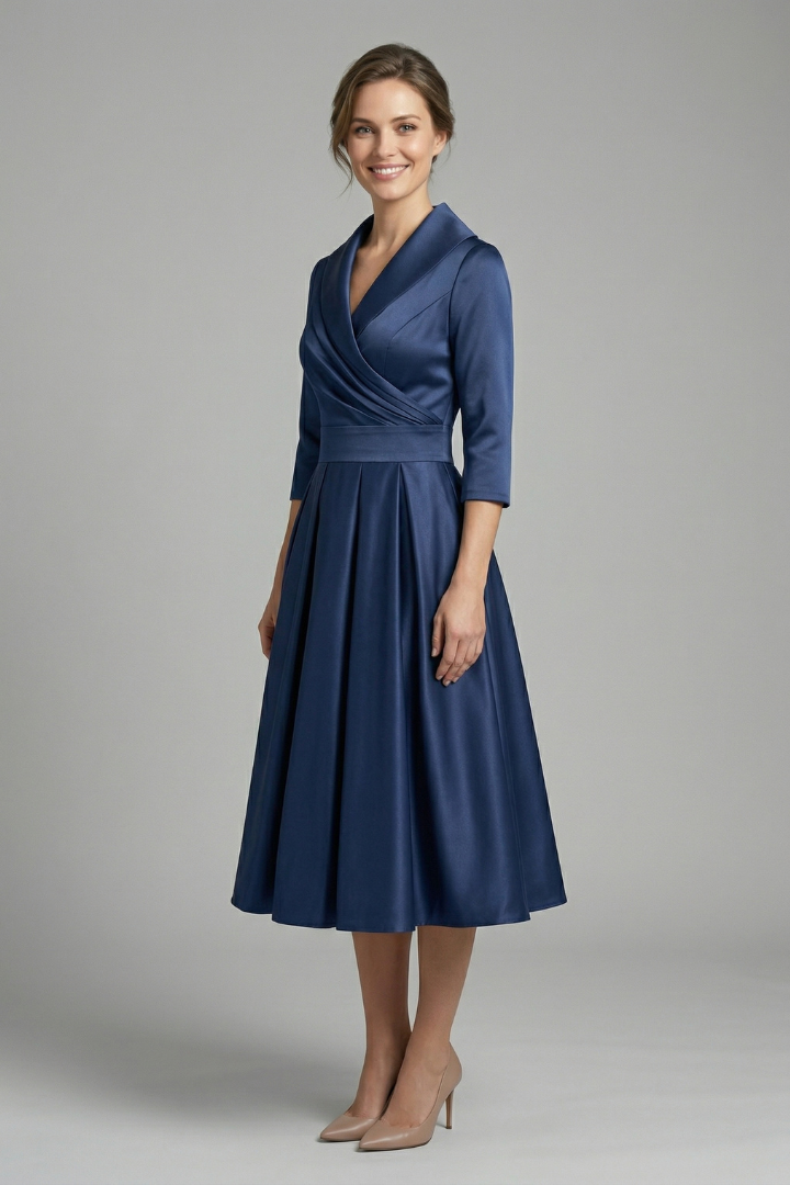 Side angle model in pleated skirt dress on gray backdrop
