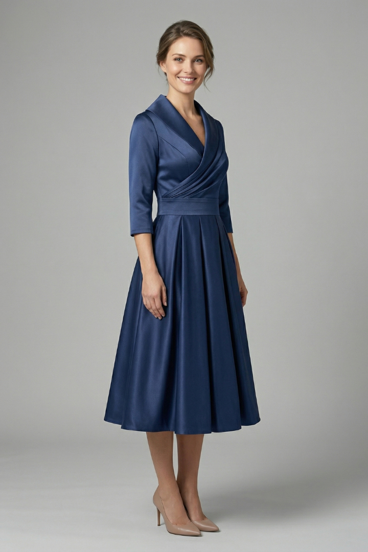 Full length front angle of woman wearing an evening dress on gray background