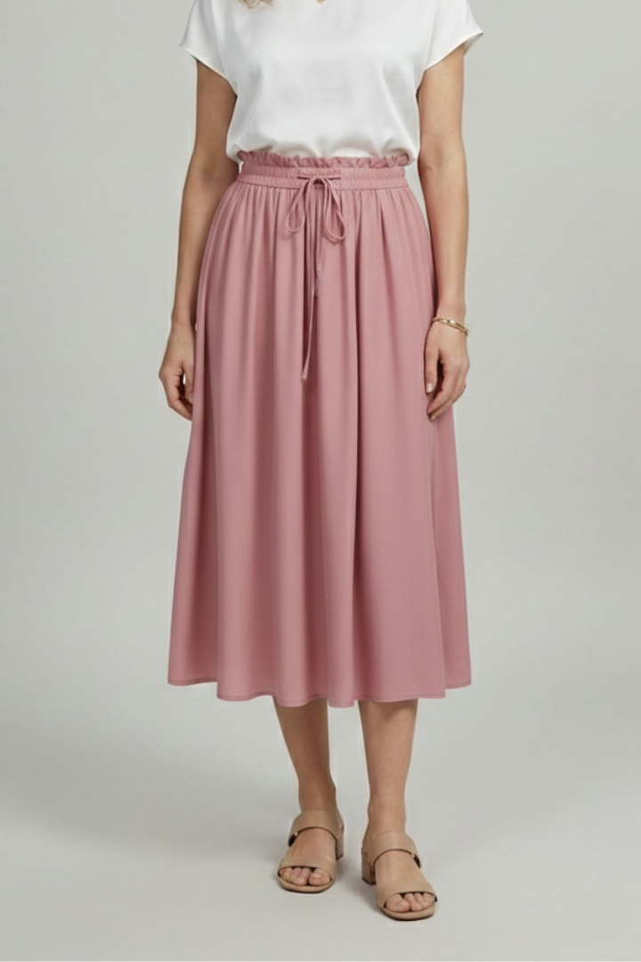 Front angle of elastic pink waist skirt white background