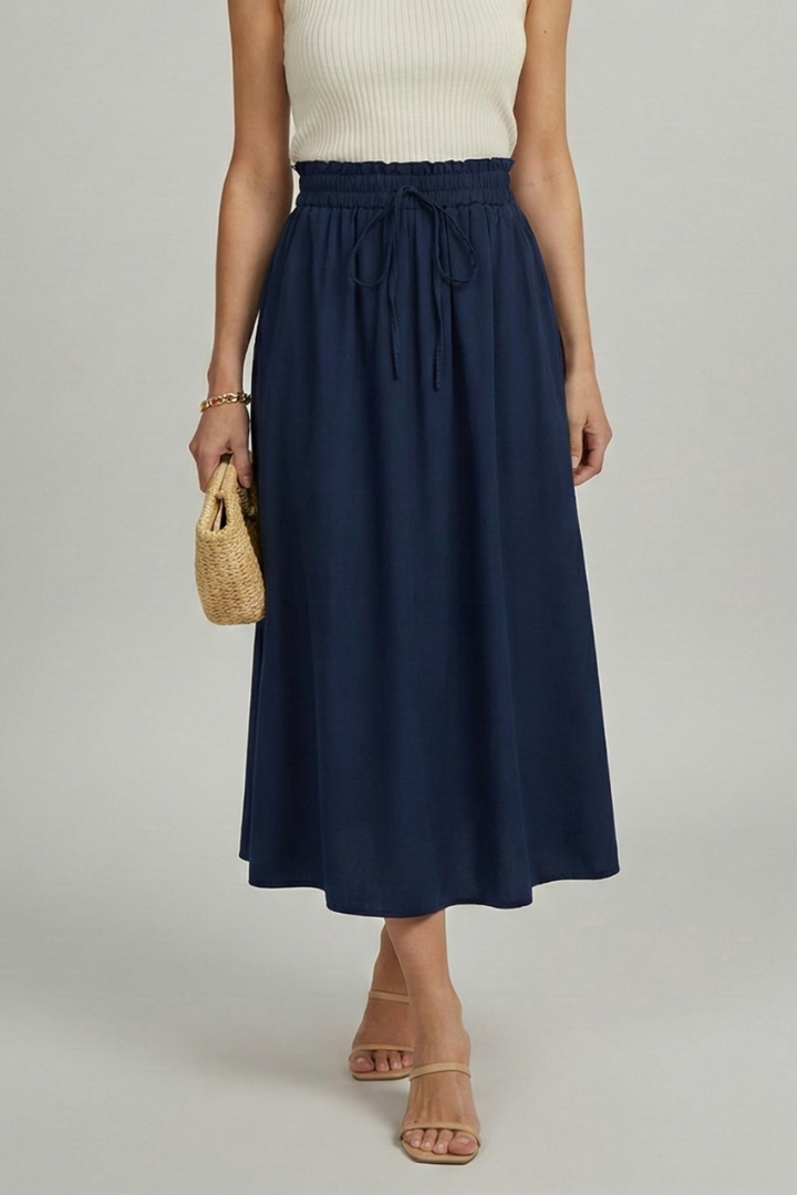 Elastic waist skirt front navy skirt white background