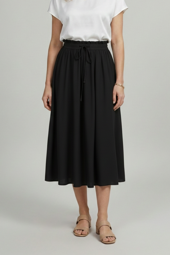 A-line midi black skirt front angle white background photo