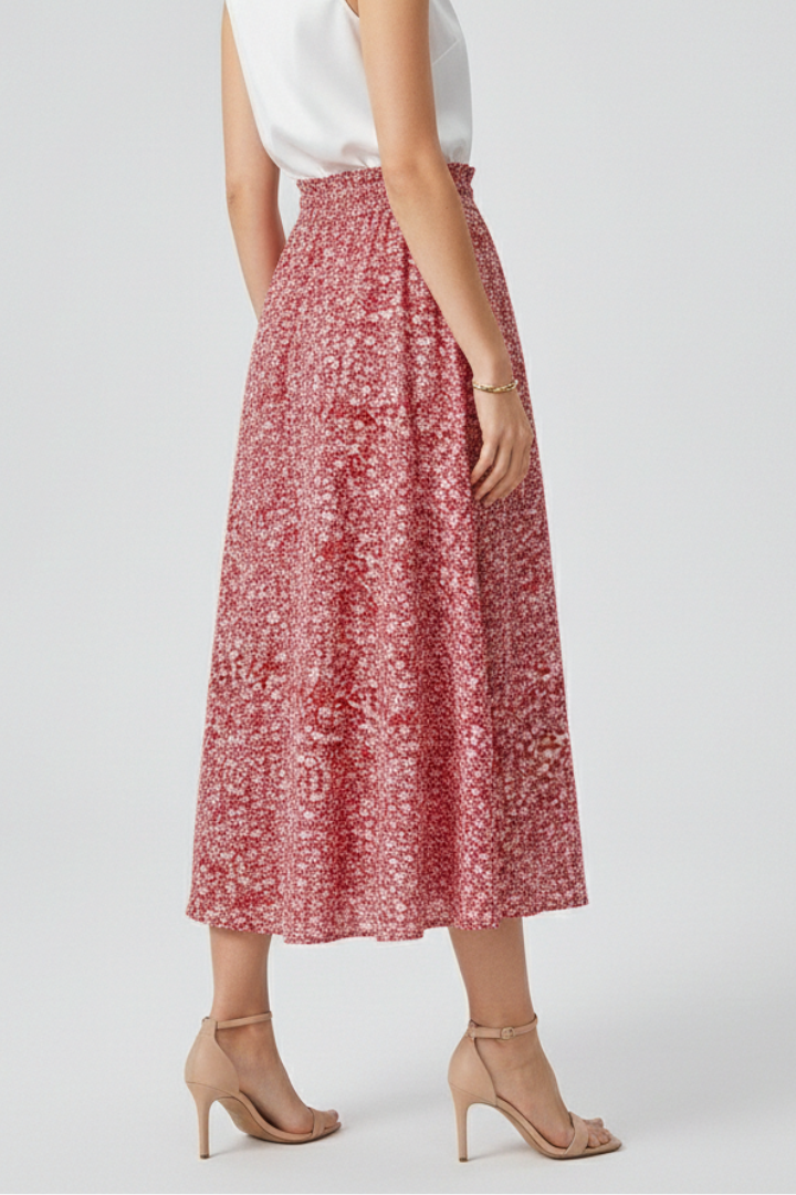 Back view of woven midi skirt white background