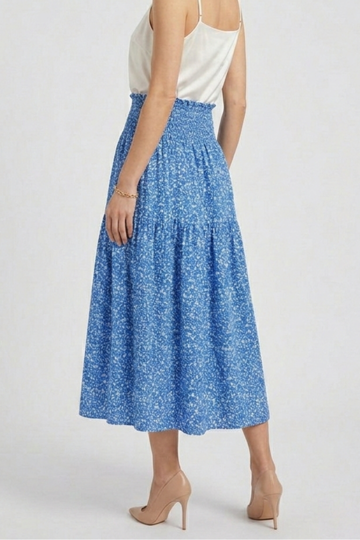 Side angle floral blue skirt flowy shape gray