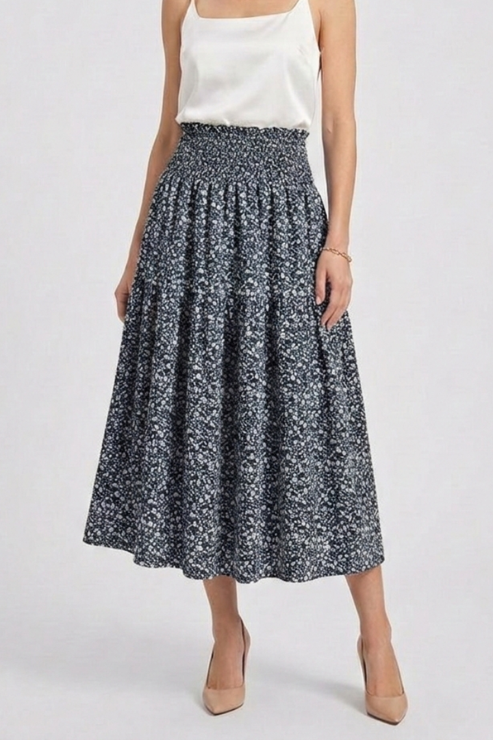 Casual outfit floral skirt front view gray backdrop