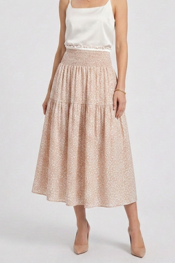 Female model in flared skirt detail gray background image