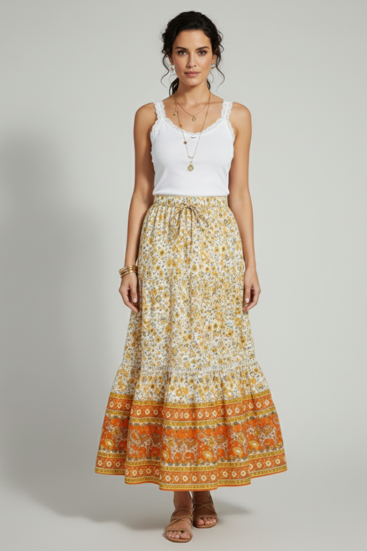 Model wearing floral midi skirt front view gray
