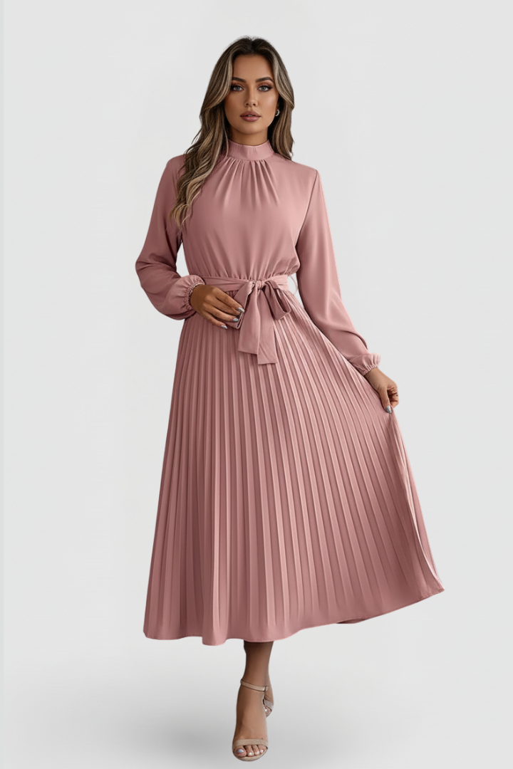 Woman displaying waist tie dress from front view, gray background.