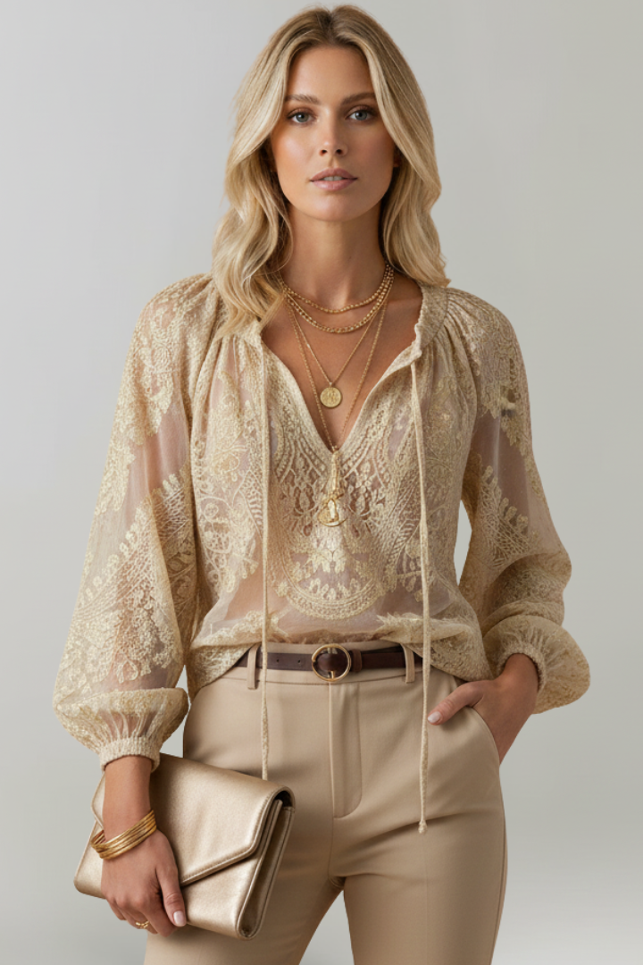 Feminine blush khaki brownish blouse with relaxed boho styling vibe