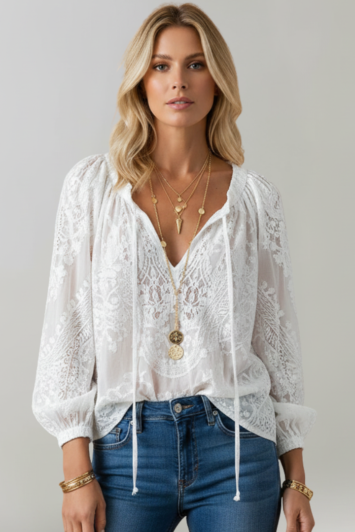 Blush crochet white blouse styled with denim jeans outfit