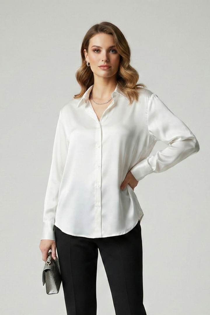 Chic white blouse studio portrait front view