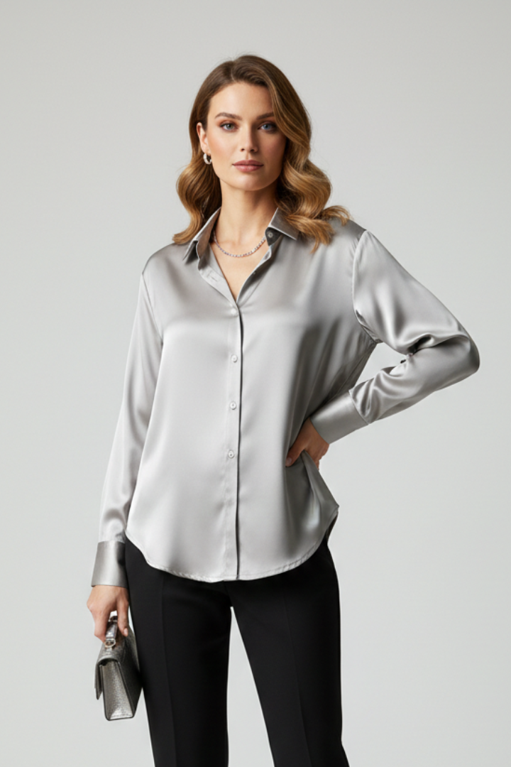 Woman long sleeve satin top with buttons front angle