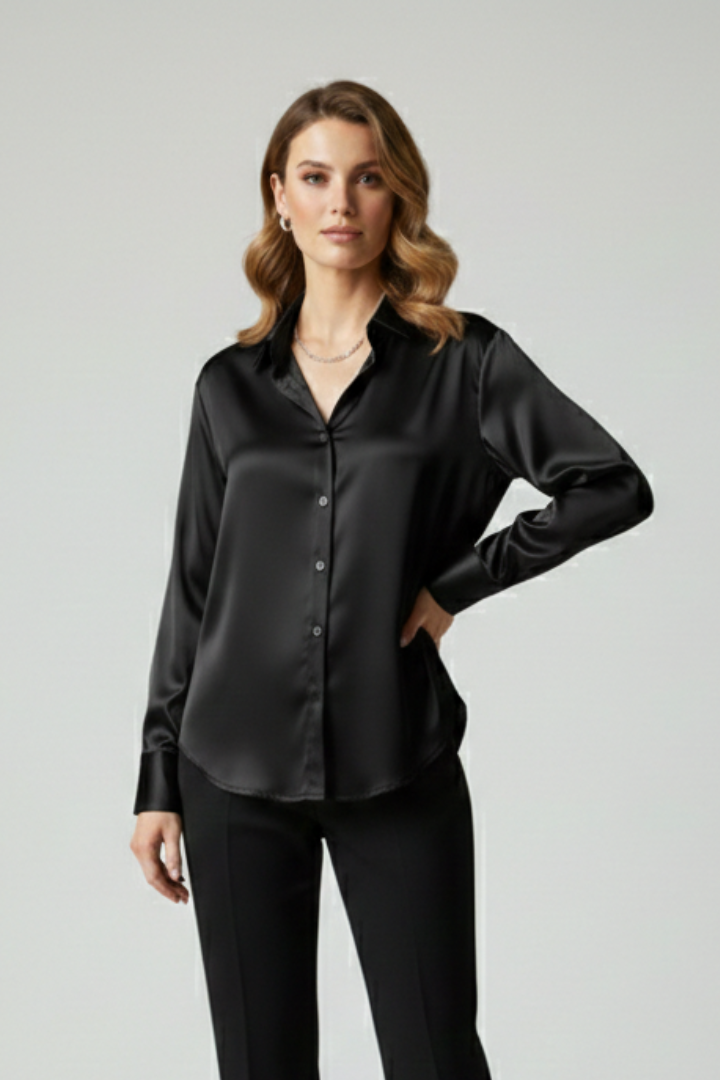 Front-facing model in satin black blouse neutral backdrop