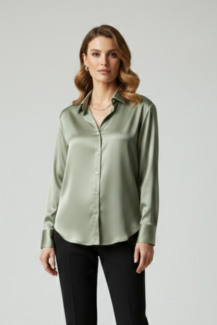 Sage green satin shirt front view gray background