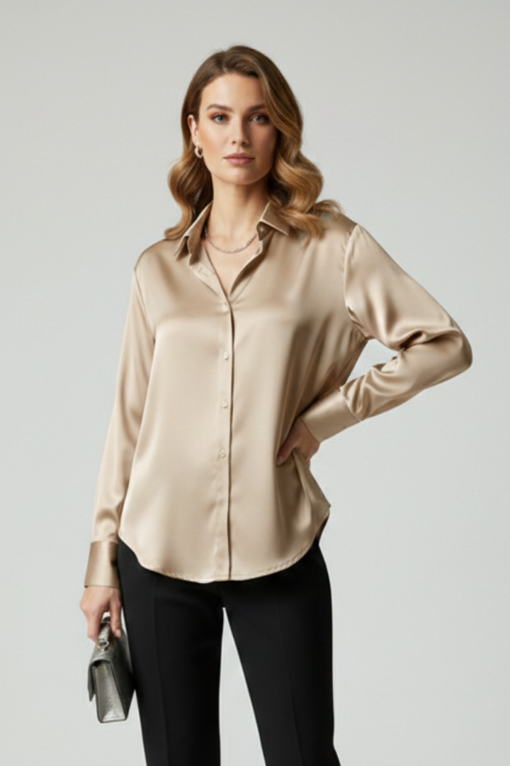 Studio model wearing silky buttoned collared blouse
