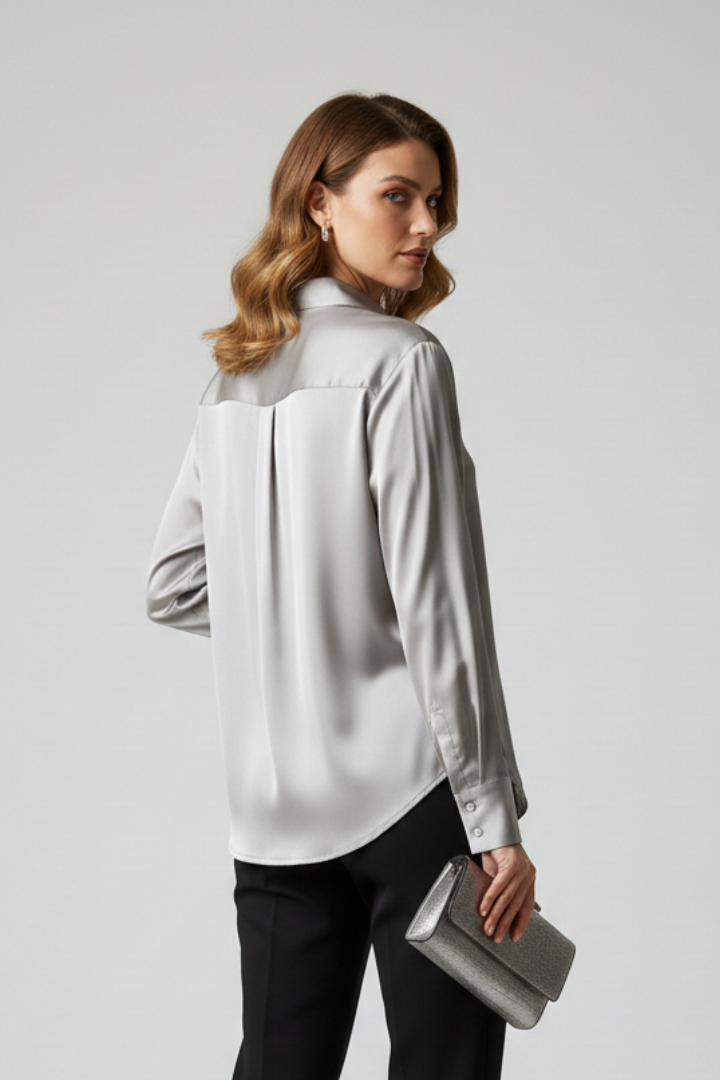 Back view collared satin shirt and black pants full front body shot