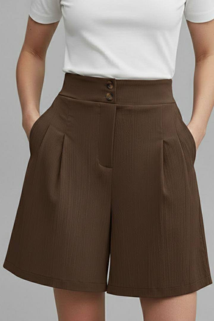 Structured waistband shorts with pockets worn by female model