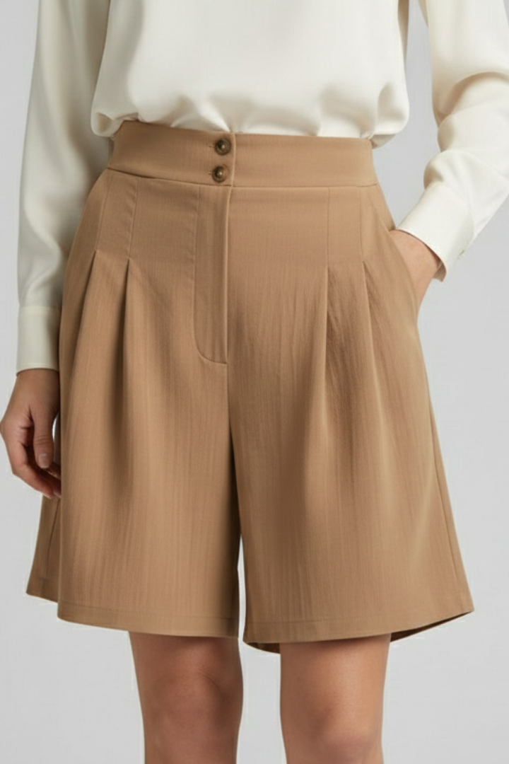 Model front angle loose shorts in plain background