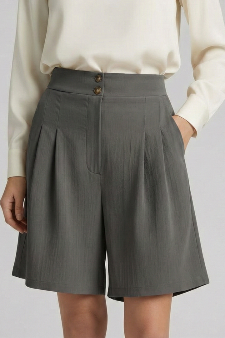 Side profile gray background wide pocket shorts