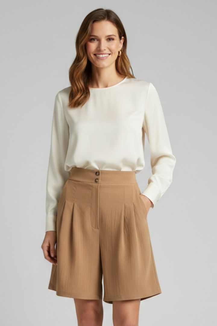 Woman front view white top and brown wide shorts in gray background 