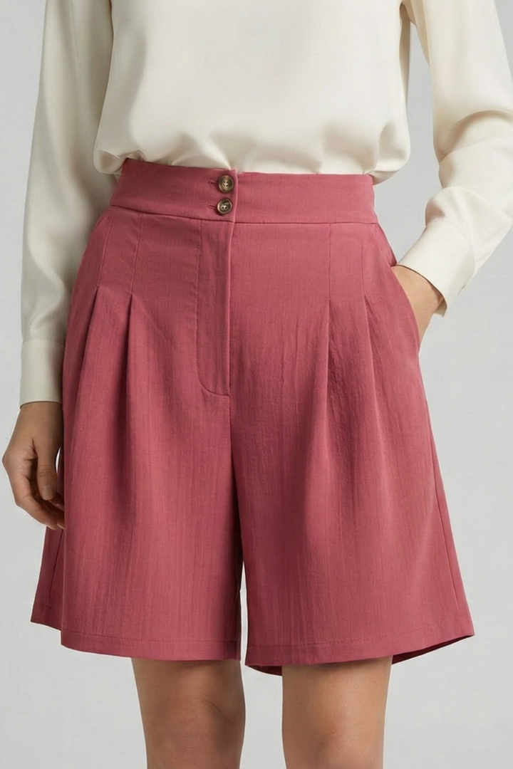 Model natural pose summer outfit shorts in gray background