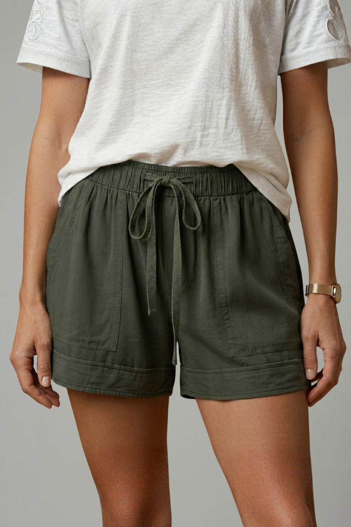 Female model front pose elastic waistband shorts with drawstring