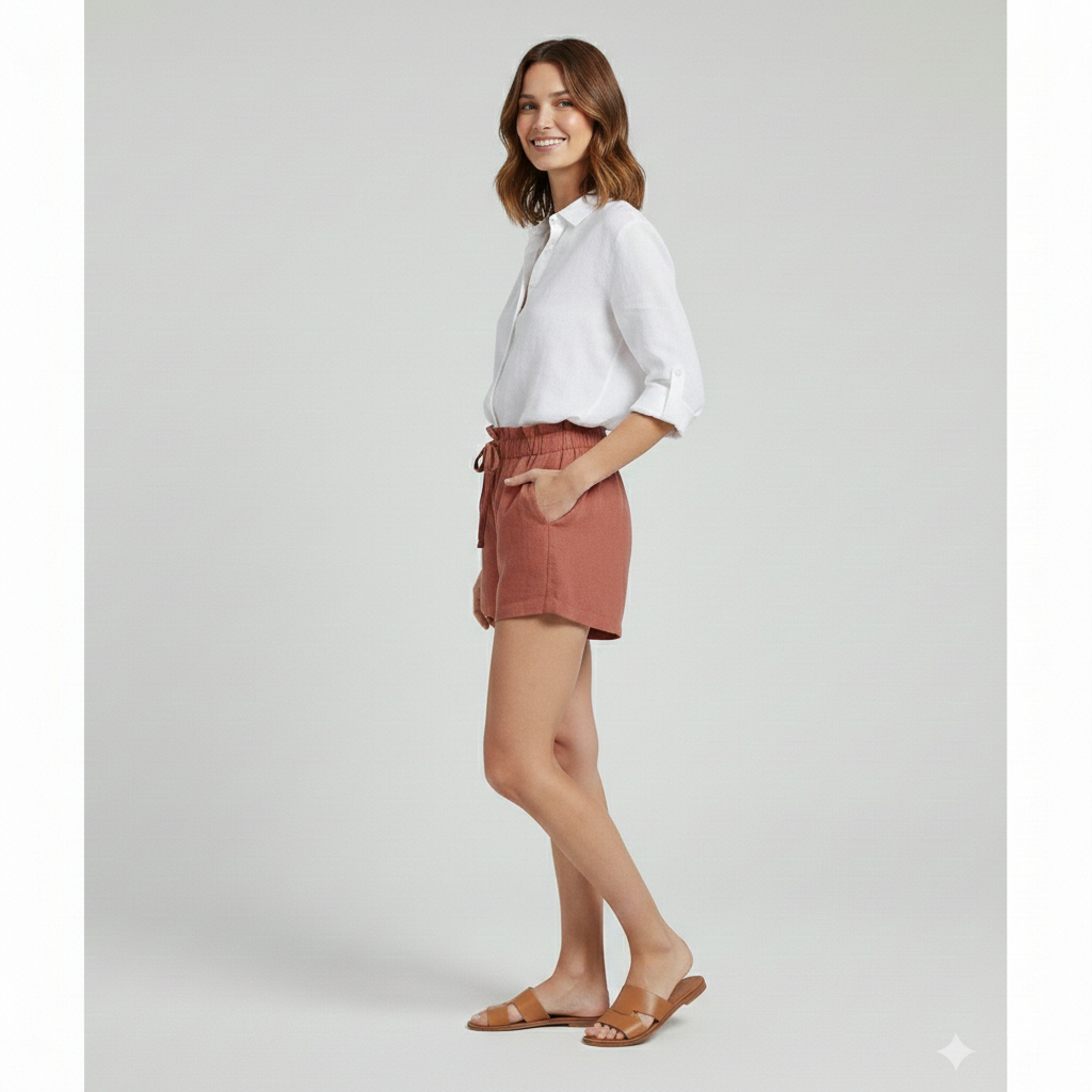 Full body view of model wearing drawstring shorts and white top