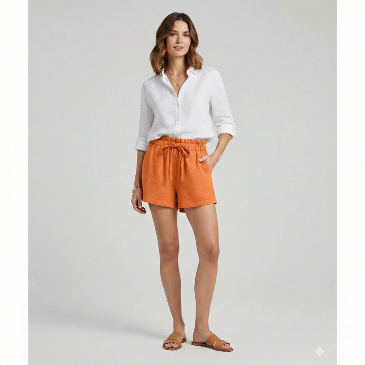 Front angle of crinkle orange shorts on plain background