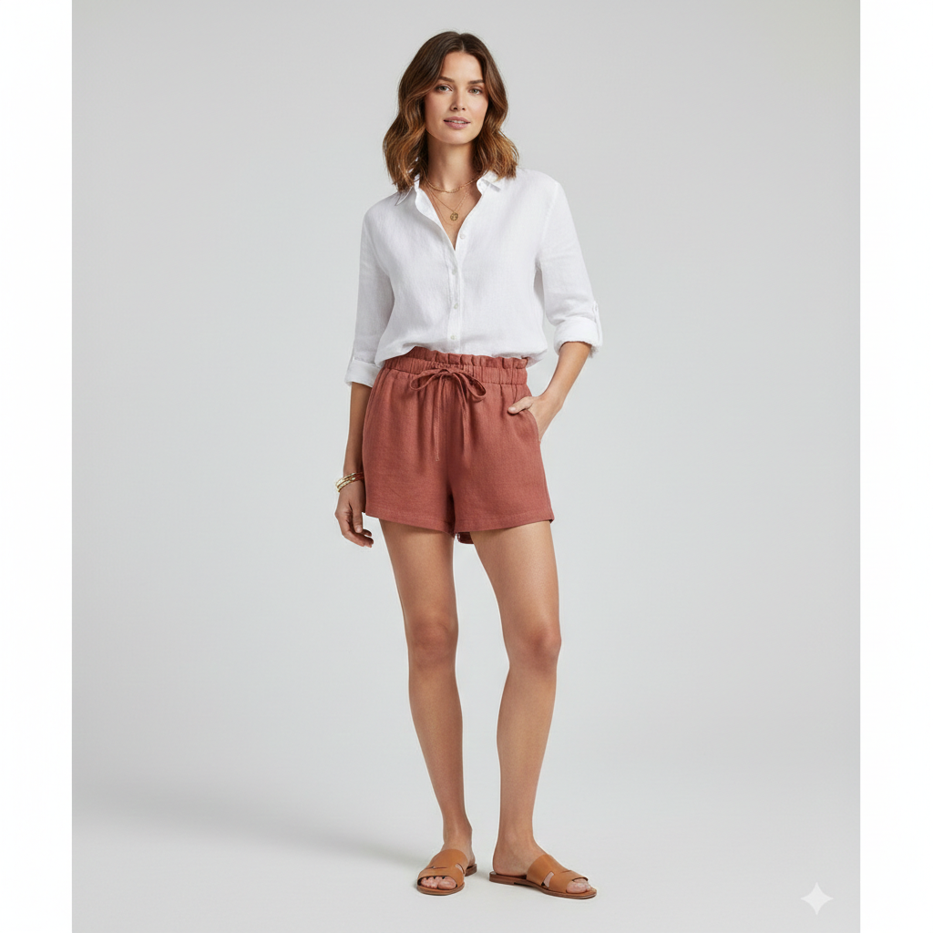 Front view of women’s ruffle hem shorts with white collared top on model