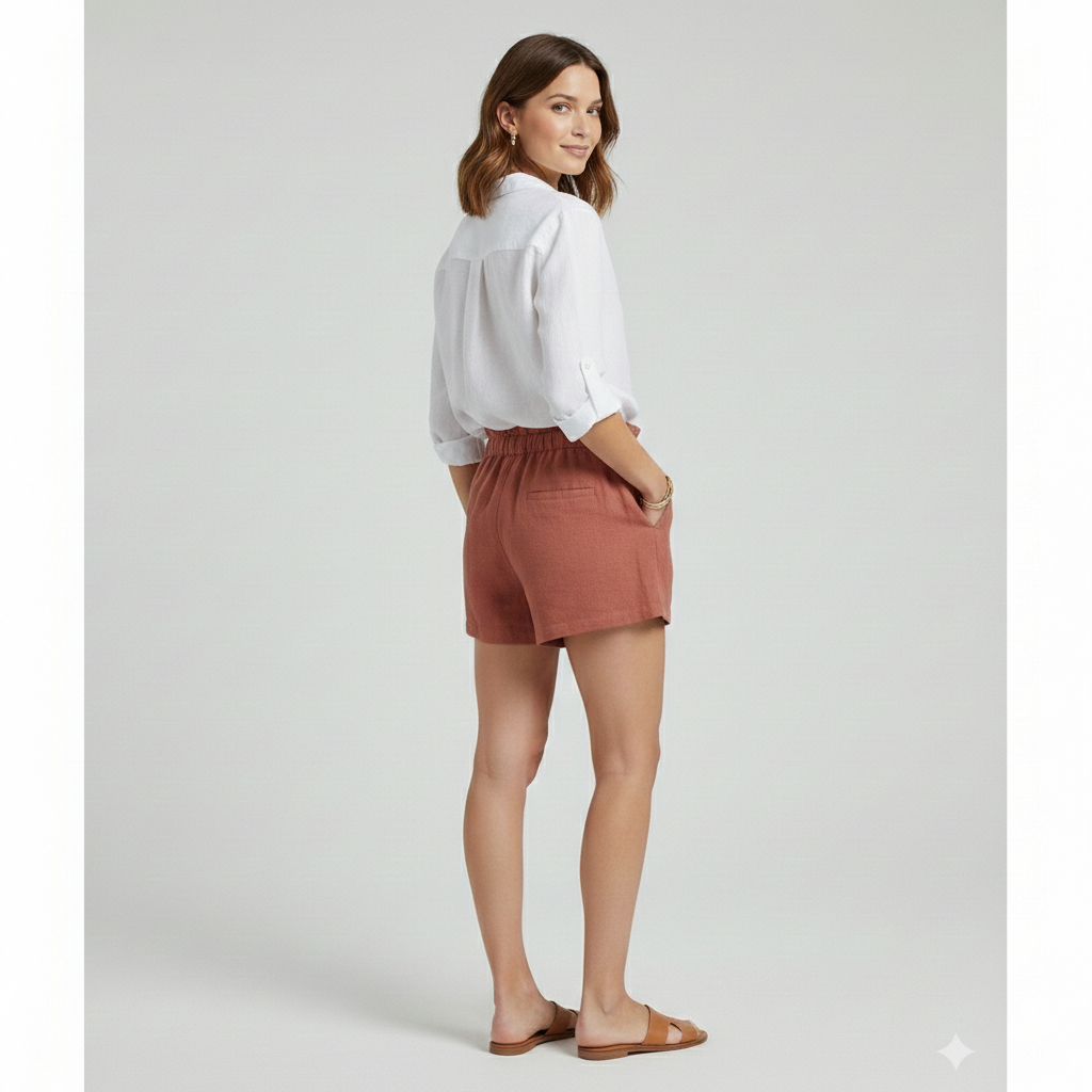 Female model back posing in short relaxed woven red shorts