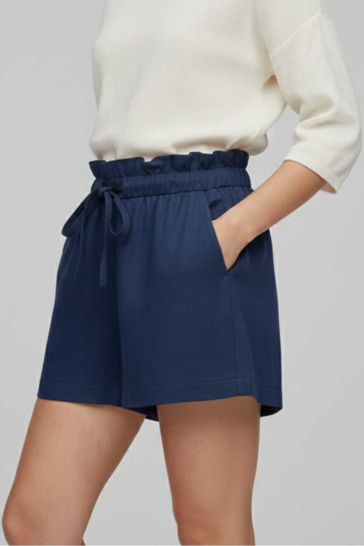Side angle relaxed shorts on female model