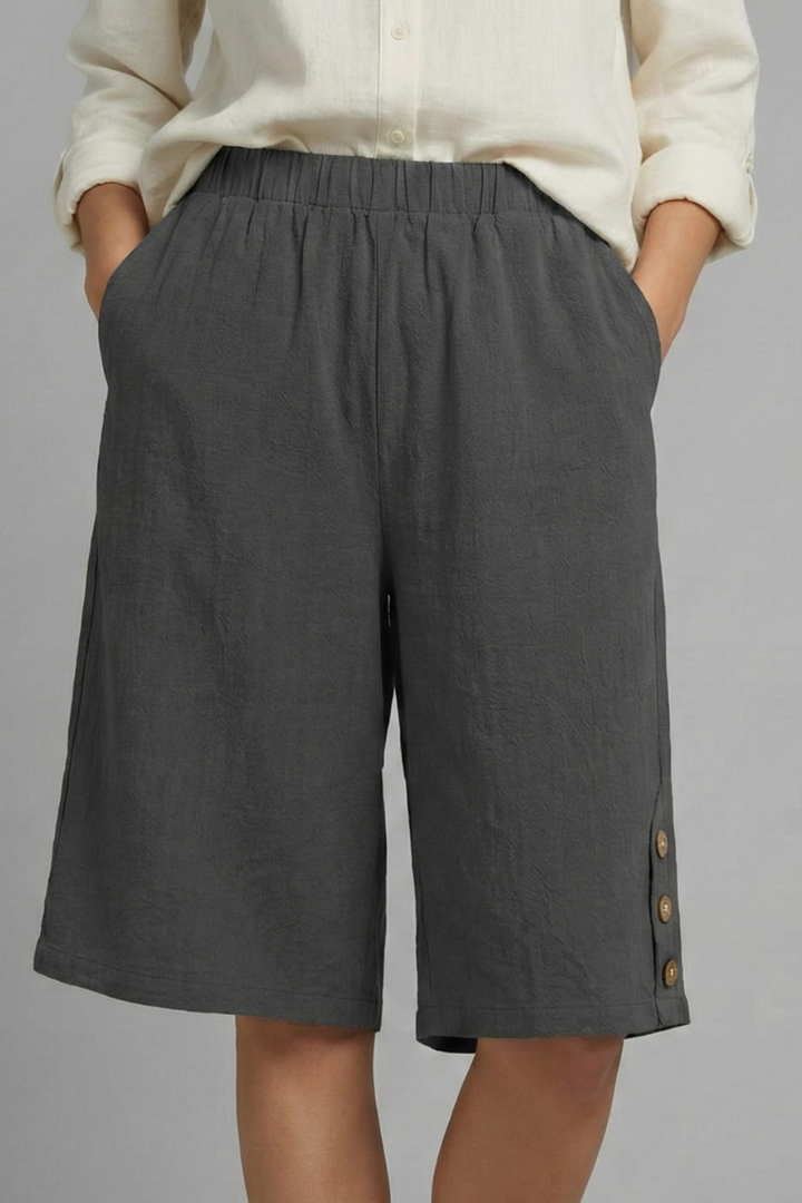 Female model showing button detail shorts close