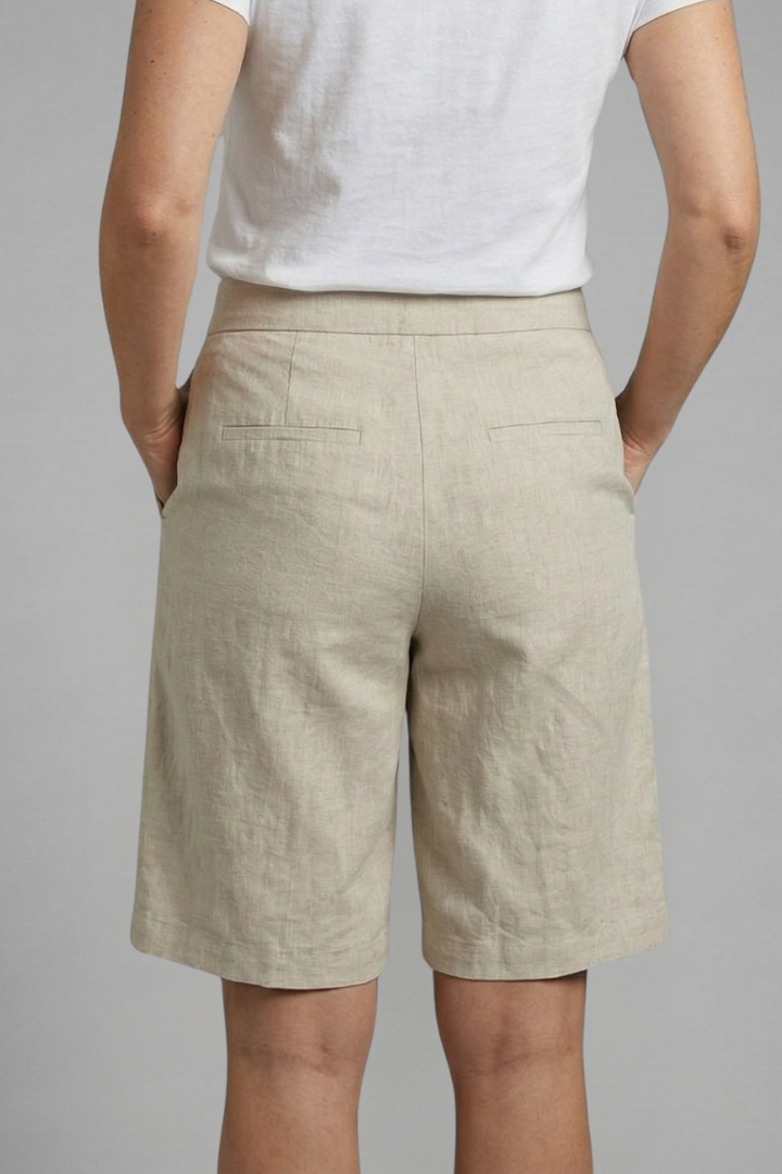Back view knee-length shorts on female model