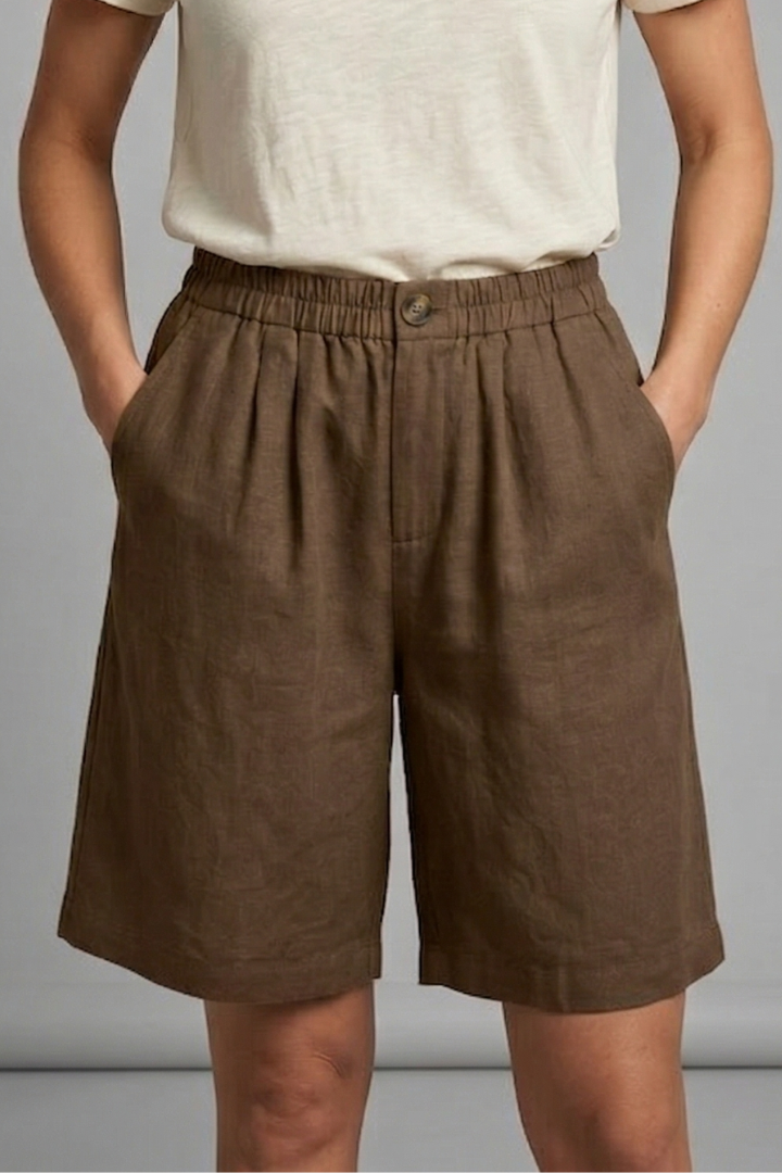 Side profile of women’s shorts on model